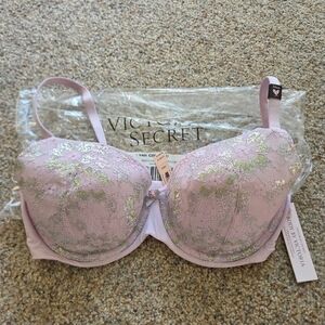 NEW! Body by Victoria Lightly Lined Demi Purple Silver Lace Bra 34DD